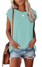 Women's Loose Cap Sleeve T-shirts Solid Color Blouse with Pocket Green Large