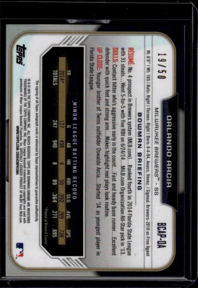 Bowman Prospects 2015 cromo refractor dorado autógrafo #BCAP-OA Orlando Arcia/50 Foto 2 de 2