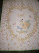 Baby bunny crib quilt, soft green binding