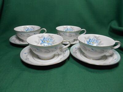 Noritake 4 Coffee Cups and Saucers Louise Blue Floral #5204