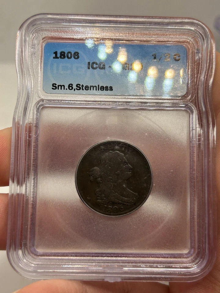 1806 Draped Bust Half Cent 1/2 Small 6 Stemless Older ICG VG-10 Old Copper*** - Image 3 of 4