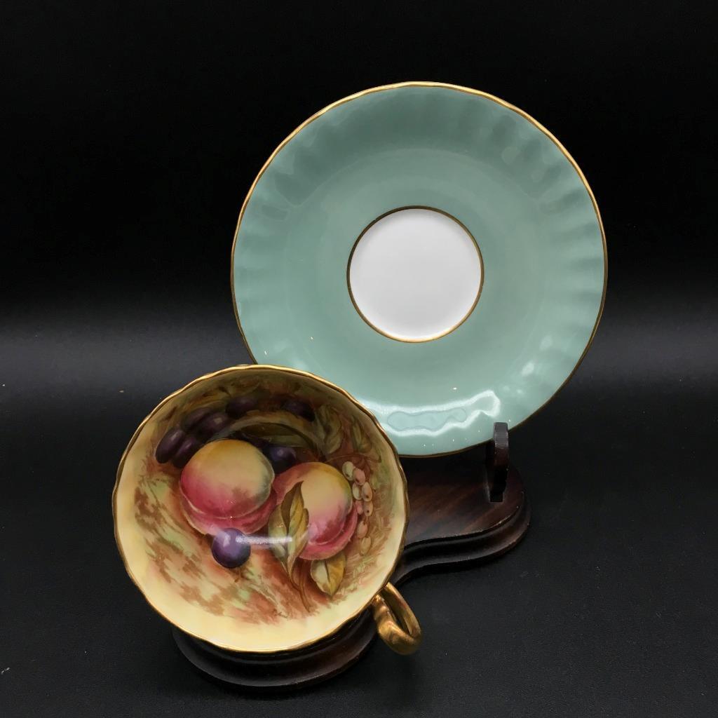AYNSLEY ORCHARD FRUIT SAGE GREEN TEA CUP SAUCER SET SIGNED JONES