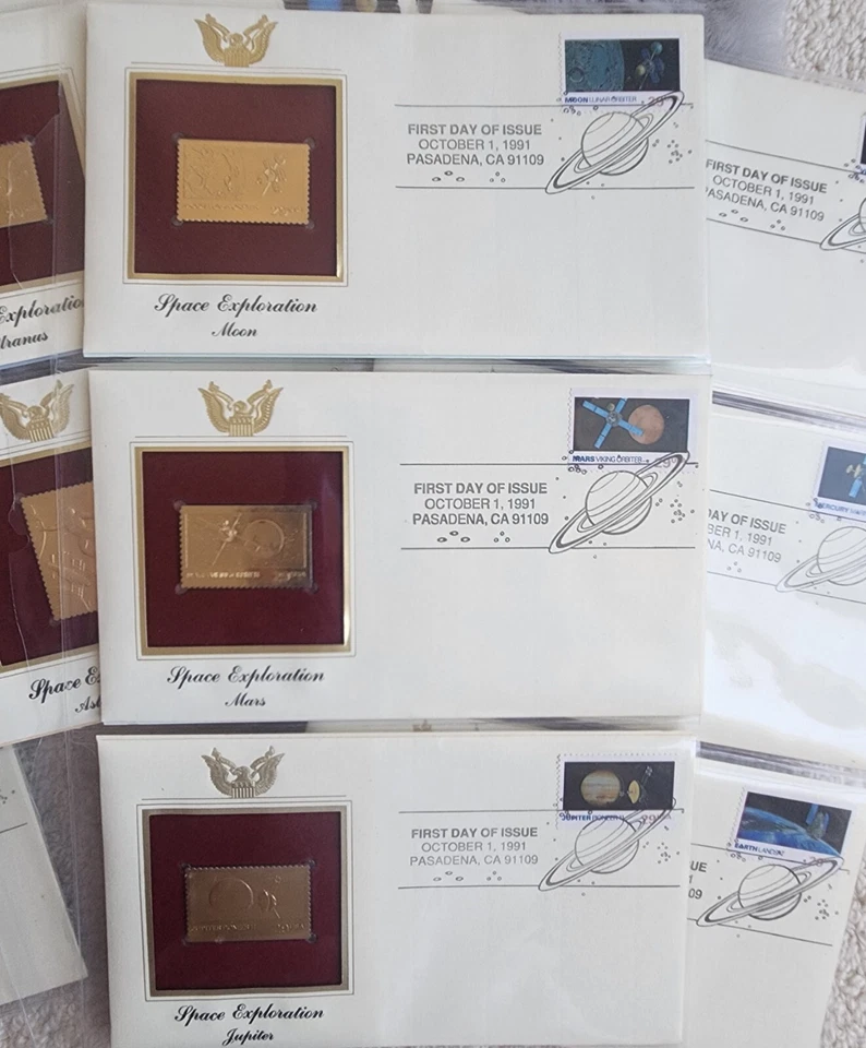14 Golden Replicas 22k Space Exploration Mars Saturn Jupiter Uranus Stamps Lot. - Image 3 of 4