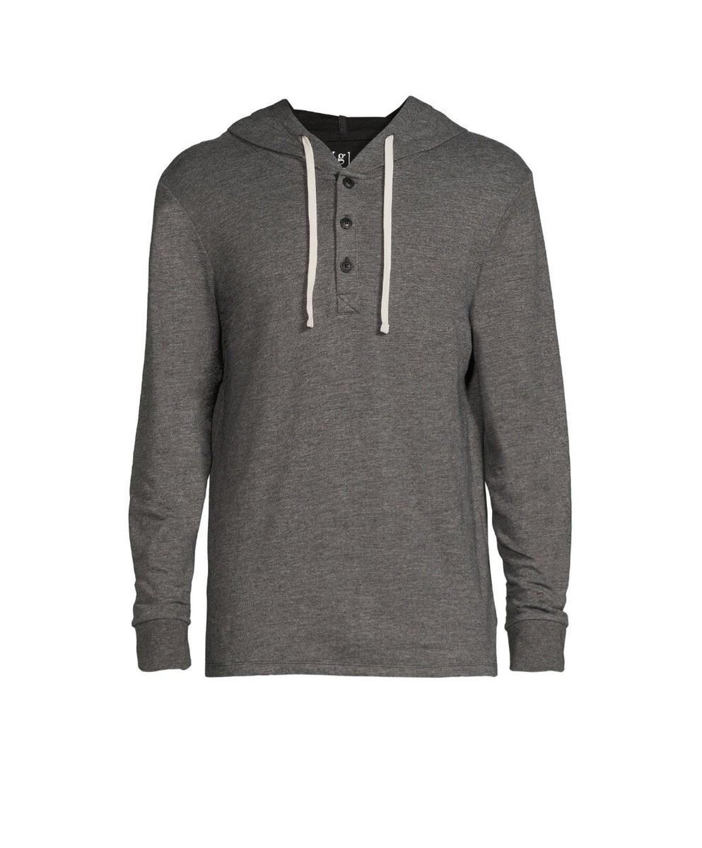 MENS' SUPER SOFT 3 BUTTON HENLEY HOODIE W/DRAWSTRING - GRAY