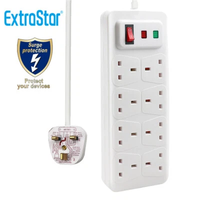 EXTERSTAR 8 Gang Surge Protected Extension Lead 13A UK Power Electric Plug Socket 2m Cable