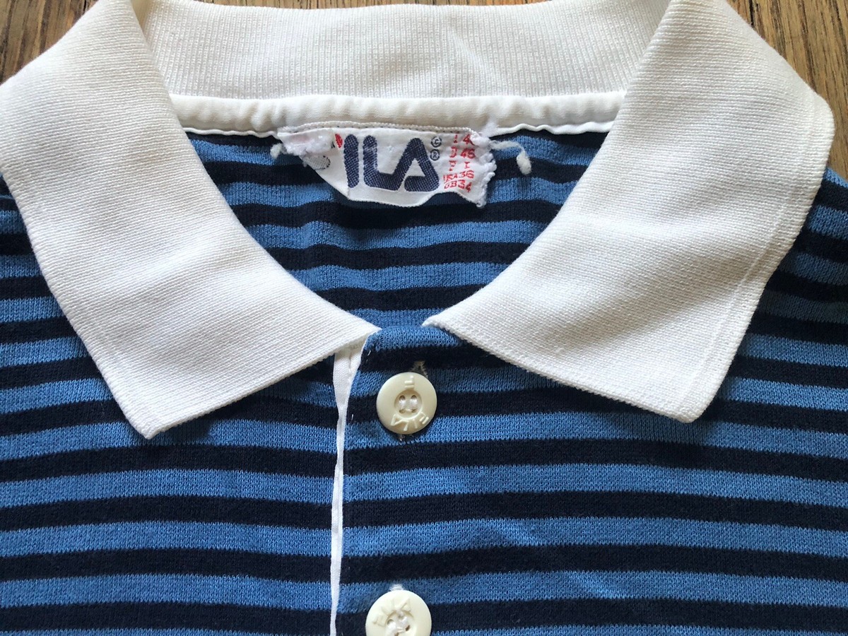 VTG 80s FILA Striped Tennis Polo, White Blues Red, Men's Sm