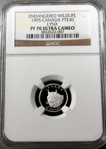 1995 PLATINUM CANADA LYNX 1092 MINTED NGC PROOF 70 ULTRA CAMEO $30 WILDLIFE 