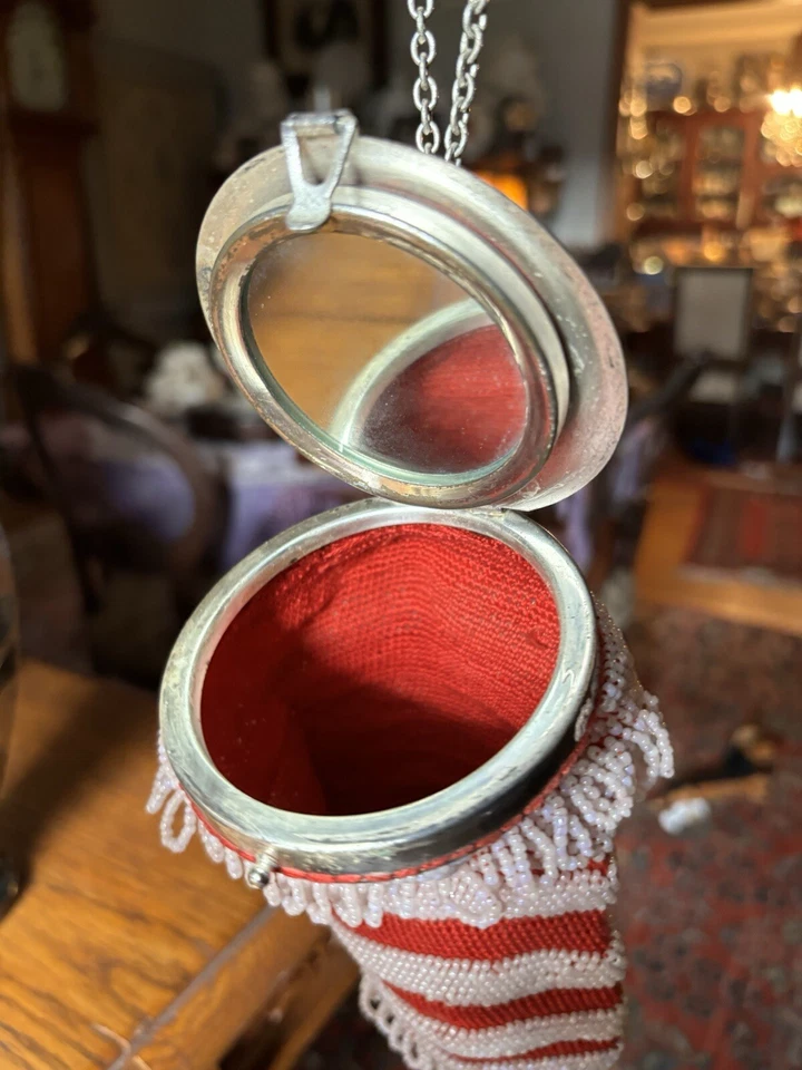 Bolso Cartera 1920 Art Noveau Deco Cuentas Rojo Blanco con Espejo  Foto 4 de 4