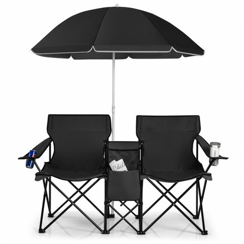 Portable Folding Picnic Double Chair Umbrella Table Cooler Beach Camping Black - Picture 8 of 12