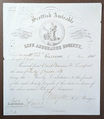 1860 Scottish Amicable Life Assurance Society Glasgow sehr verzierte Quittung