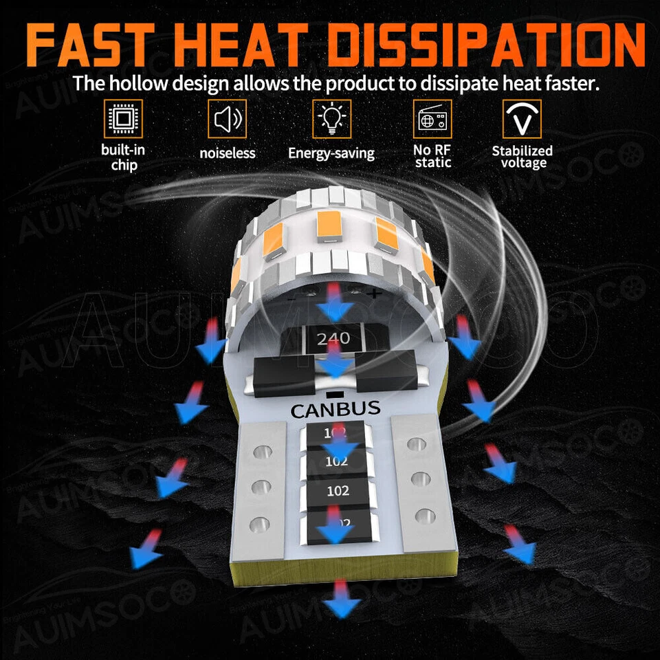 AUIMSOCO T10 168 LED 车牌灯汽车内部灯泡黄色 194 152 W5W — 第 2/4 张图片