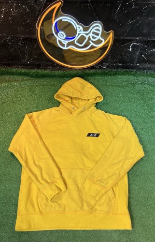 Vintage American Eagle Hoodie Mens LG Yellow Logo Fleece Pullover Preppy Y2K