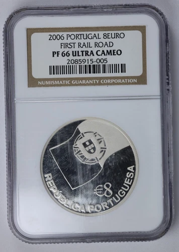 Portugal 2006 8 Euro Silver Proof First Railroad Portugal 150th NGC PF66UC