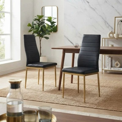 Modern Dining Chairs Set of 4 Linen Fabric Upholstered Black Metal Legs - Image 1 of 4