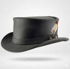    Men  s Premium Black Leather Top Hat   Vintage Western Feather Style
