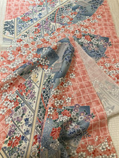 @@scrap fabric, 13"x63" Japanese  kimono silk fabric, coral pink, floral AP40