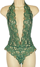 NWT FREDERICK'S OF HOLLYWOOD green lace bodysuit M dark gold stretch plunge