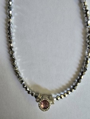 SWAROVSKI SILVER BEAD PINK TOPAZ PENDANT RHINESTONE ACCENT  DESIGNER 16''CHOKER 