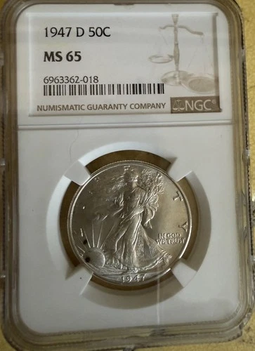 1947 D MS 65 Walking Liberty Silver Half Dollar NGC Mint State Uncirculated