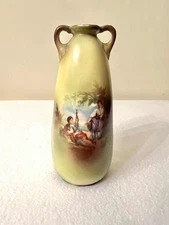 Vtg Hand Painted Two Handle Green Vase, Possibly Early 20th Century, Minor Crack