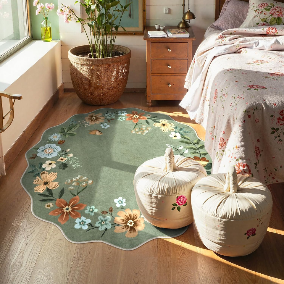 Floral Circle round Area Rugs, Washable Small round Rug 3Ft Non-Slip ...