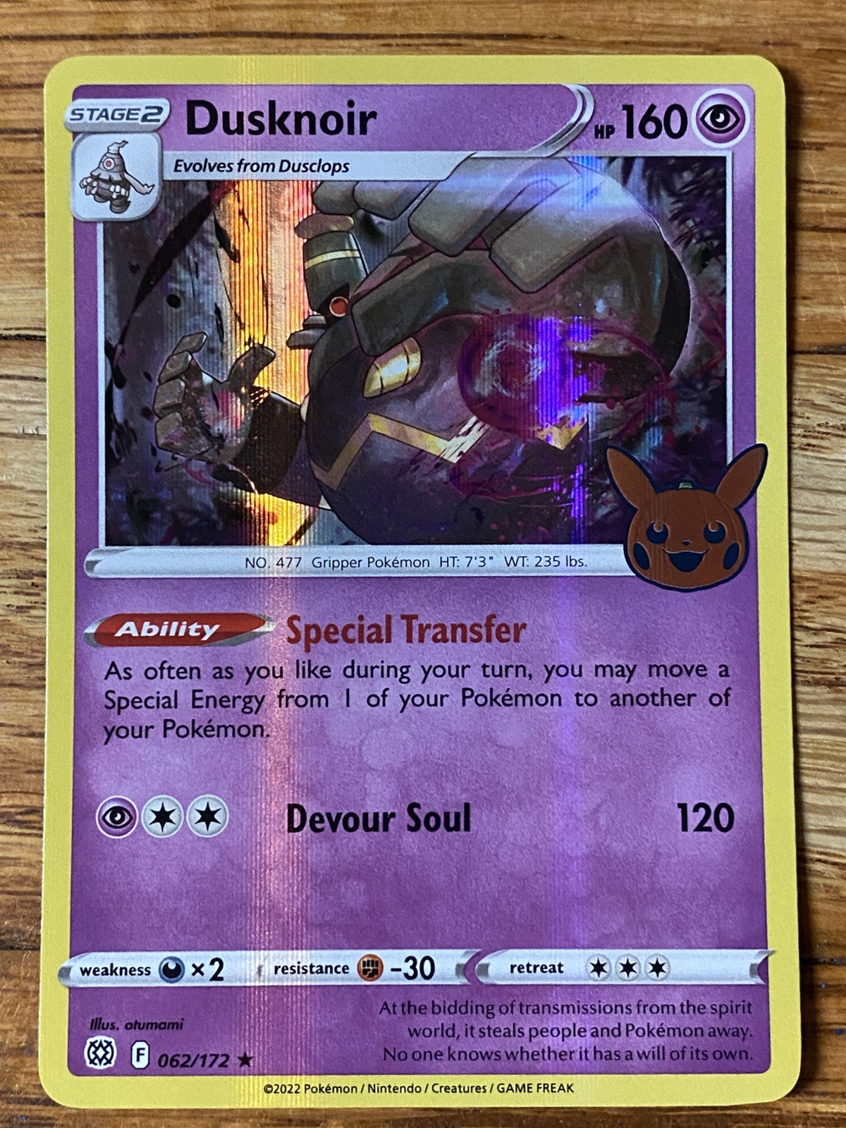 Pokemon Dusknoir Holo Rare Card 62/172 2022 Trick or Trade Series