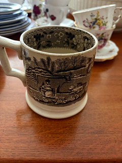 White & Grey Ceramic Mug with milking scene Design Transferware antique