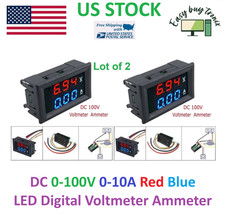 2PCs DC 0-100V 0-10A Red Blue Dual LED Digital Voltmeter Ammeter Voltage W/Cable