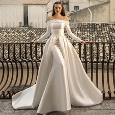 Luxury Long Sleeve WeddingDress Off Shoulder Mermaid Detachable Train Bride Gown
