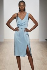 $2395 New Versace Asymmetric Silk Cocktail Dress in Azzurro. Made In Italy.