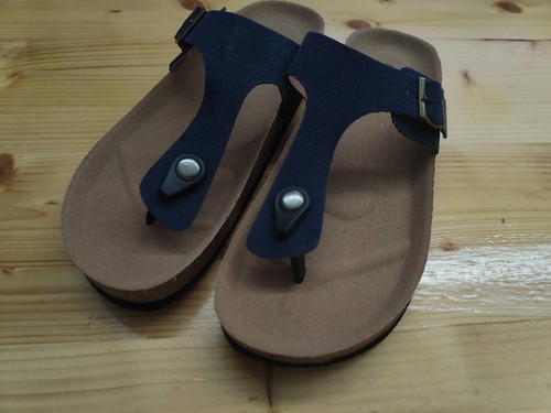 Flirty Black Summer Cork Thong Sandal Genuine Leather T-Strap Open Toe Post EU39 - Picture 2 of 9