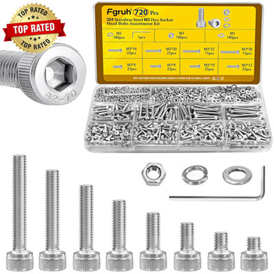 720Pcs M3 Screws Assortment Kit Hex Socket Head Cap Bolts, Nuts & Washers Assort