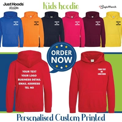 Personalised Printed Just Hoods AWDis Kids Hoodie Your Text Casual School Event