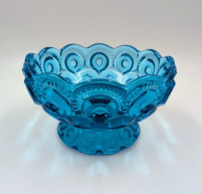 Vintage Le Smith Moon & Stars Blue Glass Footed Candy Dish 5'' Bowl Home Decor
