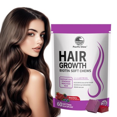 PACIFIC GLOW Hair Growth Biotin Mixed Berry Soft Chews Vitamins Women w Lustriva