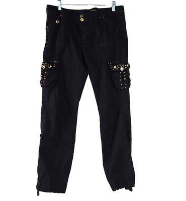 Pepe Jeans Women's Black Studded Straight-Leg Cargo Pants 34W Canvas Cotton