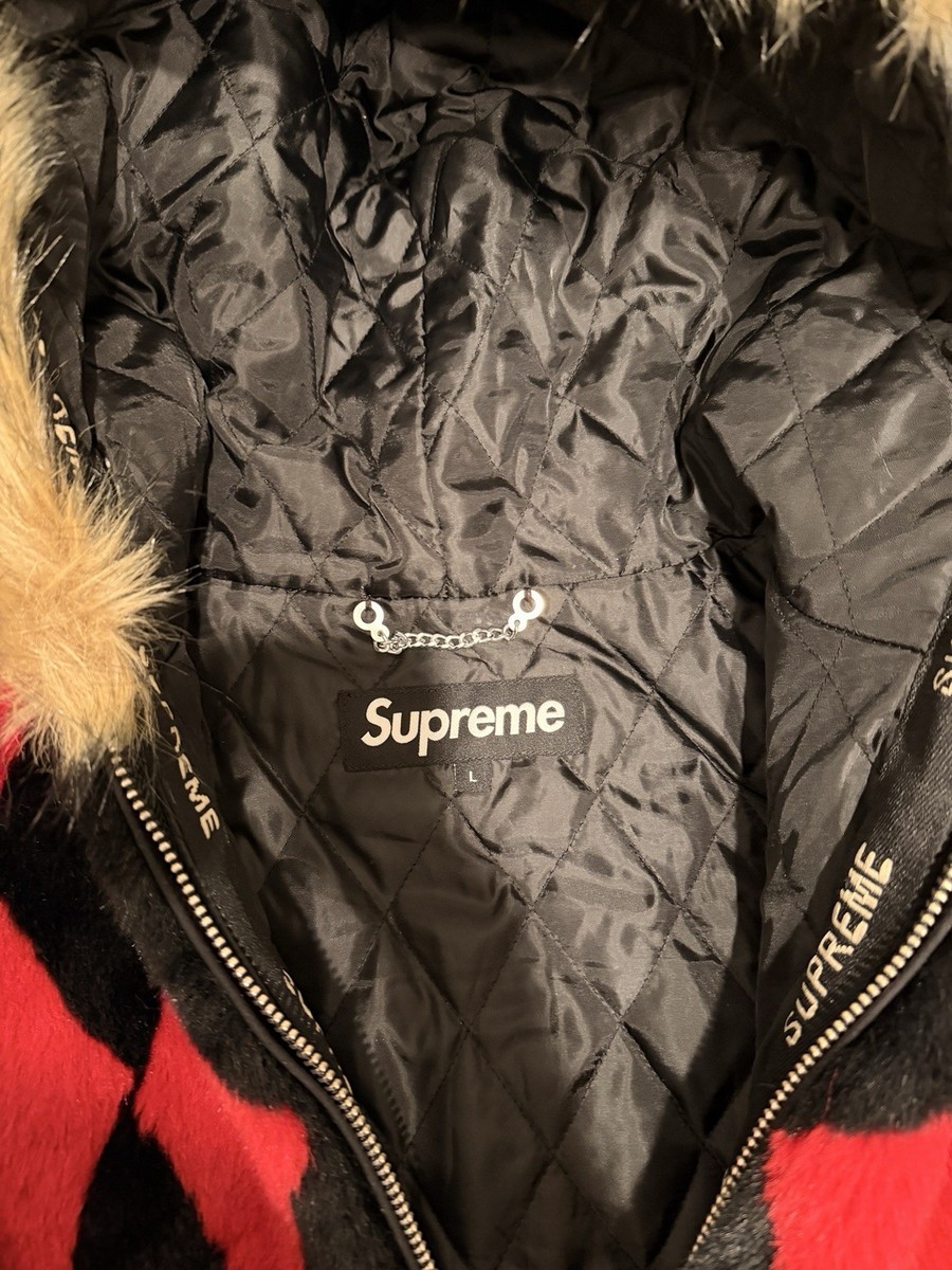Supreme Diamond Faux Fur Jacket Red Black Size L Full Zip Hooded