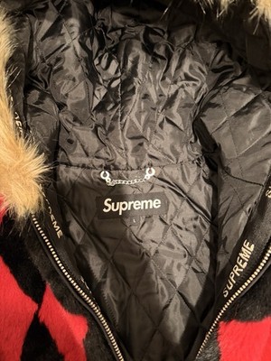 Supreme Diamond Faux ファー ジャケット　2018aw Supreme Diamond Faux Fur Jacket Red Black Size L Full Zip Hooded
