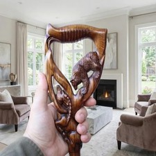 Stylish Wooden Walking Cane for Men with Hand Carved Bear and Goat Handle, Solid