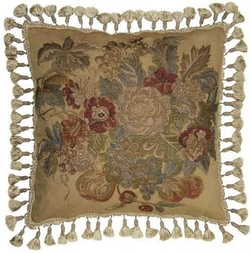 Hand-Embroidered Throw Pillow 21x21 Flowers Plants Green Canvas - 第 1/1 張圖片