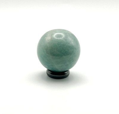 CARDINAL METHOD AMAZONITE SPHERE CRYSTAL W/ HEMATITE RING STAND: ''PURIFICATION''