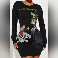 Ed Hardy Heart Black Multi Long Slv T-Shirt Dress Sz L Gift Maximalism Sexy Y2K