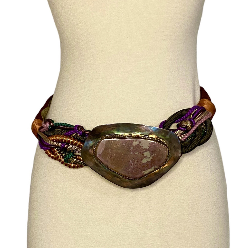 Vintage Suede Stone Belt 80s Gem Rock Braided Rope Knotted  display picture 2