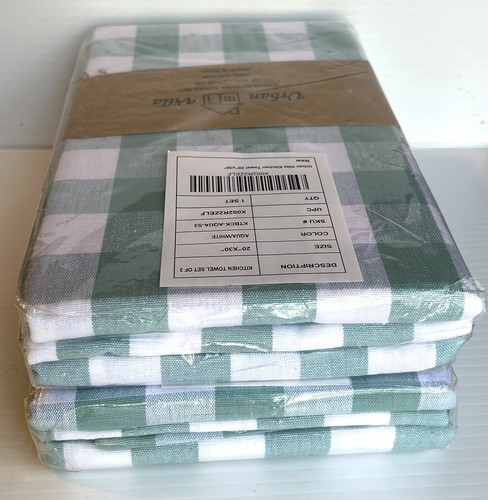 Set/6 Buffalo Plaid Kitchen Tea Towels Aqua & White Check 100% Cotton 20x30in