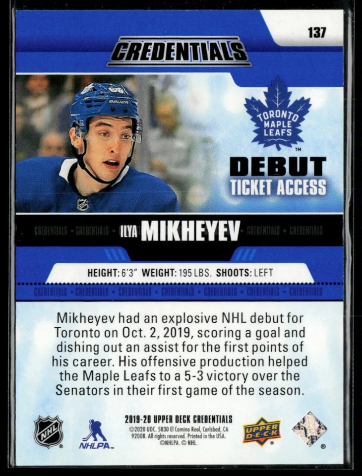 2019-20 Upper Deck Credentials #137 Ilya Mikheyev RC 359/499 - Image 2 of 2