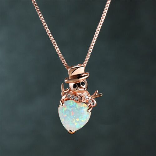 Women Dainty Female Cute Rosegold White Simulated Opal Heart Snowman Pendant Nec - Picture 1 of 5