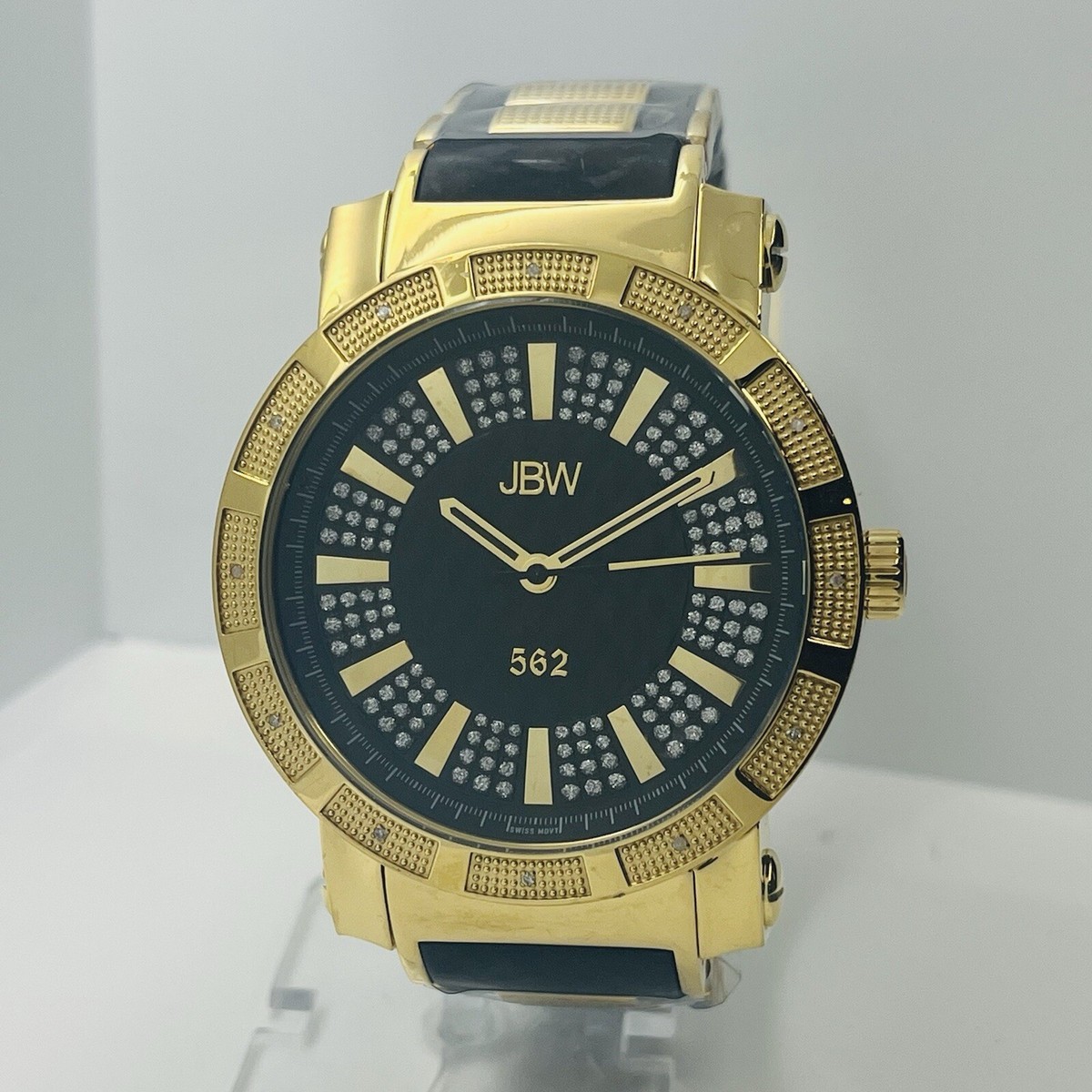 JBW 562 Men Gold Steel Diamond Dial Black Silicone 50mm Watch JB