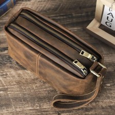 Double Zipper Men Crazy Horse Leather Clutch Bag Wallet Phone Card Holder Casual