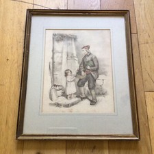 Old Vintage Antique Framed Coloured Illustration Pencil Drawing - Initialled