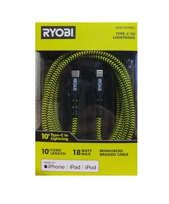 RYOBI 10 ft. Nylon Cable USB-C to Lightning MFi-Certified AC0i10USBCL
